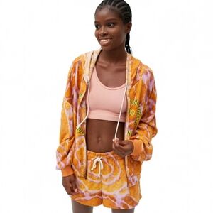 UO Out From Under Kelsey Fleece Zip Printed Hoodie Orange Tie Dye Women's Small